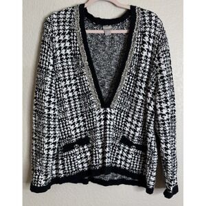 Chicos 3 US XL Black White Embellished Houndstooth Cardigan Sweater Career Party